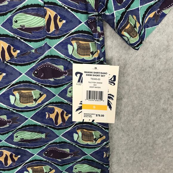 Trunks Surf Swim Co Shirt Mens Small Blue Button Beach Fish Waikiki NWT $78 - Picture 4 of 10